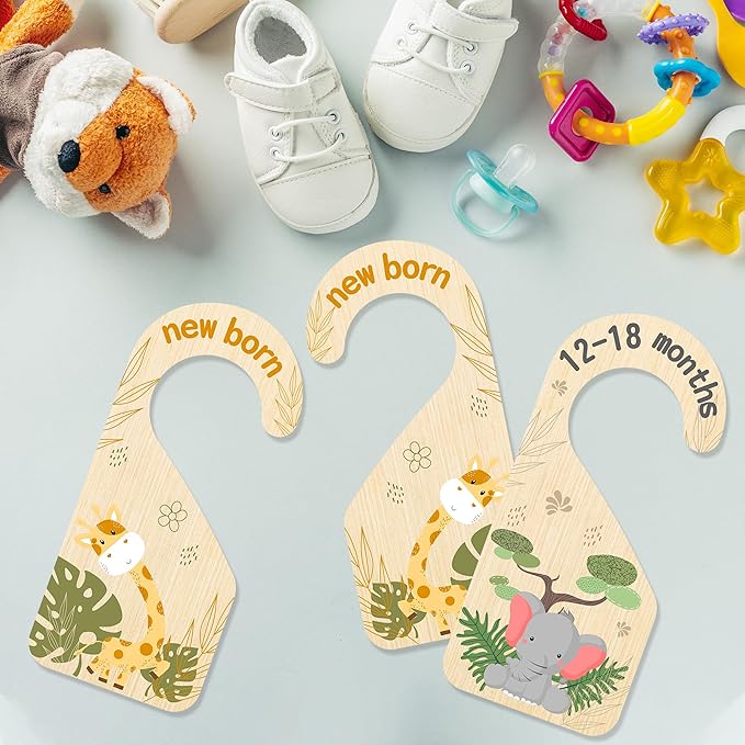 R HORSE 8Pcs Safari Baby Closet Dividers, Double Sided Nursery Hanger Dividers Wood Baby Closet Size Organizers for Boy Girl 
