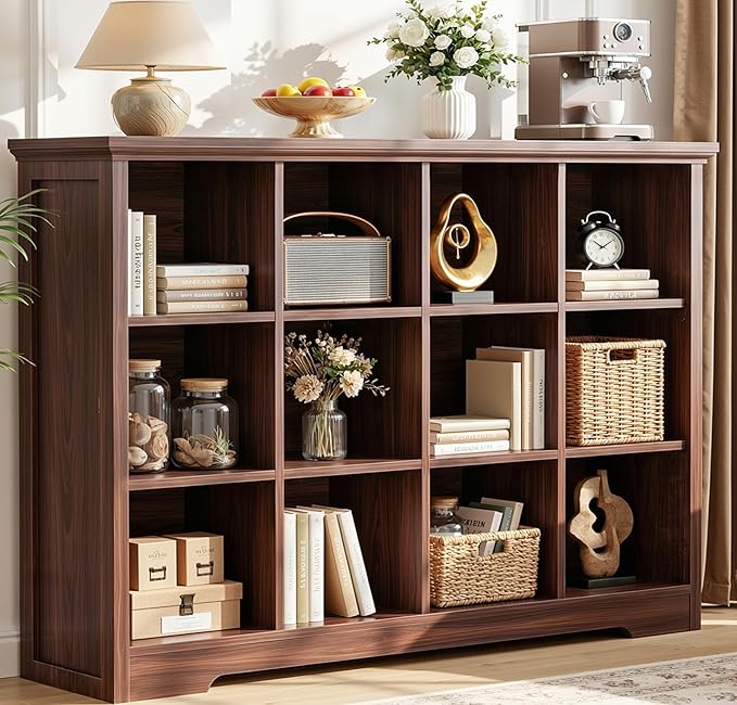 Aheaplus Wooden 12-Cube Storage Organizer with Charging Ports, Modern Cube Bookcase with Base, 4-Tier Floor Standing Open Cub