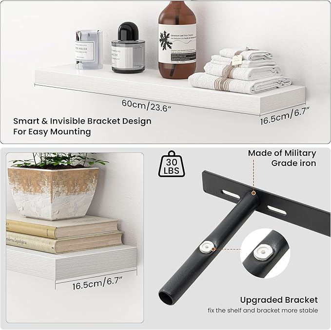 Heimlove 24 Inch Floating Shelves for Wall,Mounted Storage Wood Shelves with Invisible Brackets Hanging Shelf for Bedroom,Liv