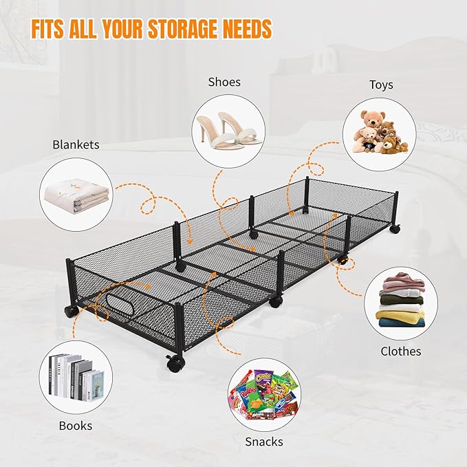 Under Bed Storage With Wheels, 47.2''/90lbs/57.6L, Metal Frame Under Bed Rolling Storage, Tool-Free Assembly Underbed Drawers