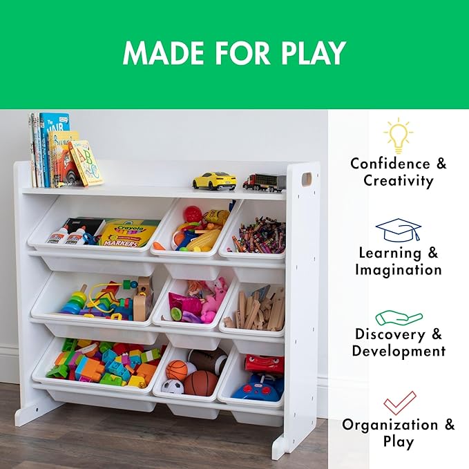 Humble Crew Toy Storage Organizer with Top Shelf and 9 Removable Bins, White/White – Toddler Bookshelf with Toy Organizer - M