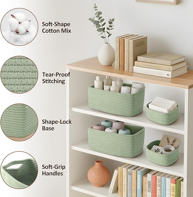 5-Pack Small Woven Rope Storage Baskets – 2 Sizes Organizer Bins for Closet, Shelf, Bookshelf, Nursery, Changing Table, Fabri