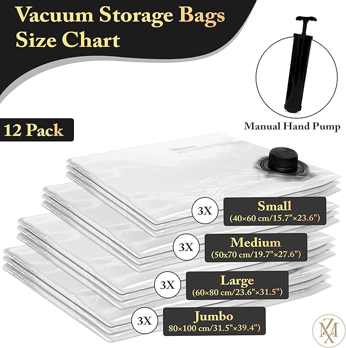 Vacuum Storage Bags – 12 Pack with Hand Pump | Space Saver Compression Bags for Clothes & Bedding | Extra Thick, Airtight Dou