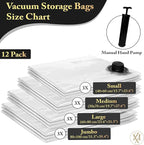 Vacuum Storage Bags 12 Pack Without Hand Pump – Space Saver Compression Bags, Airtight Double-Zip & Triple Valve, Reusable, L