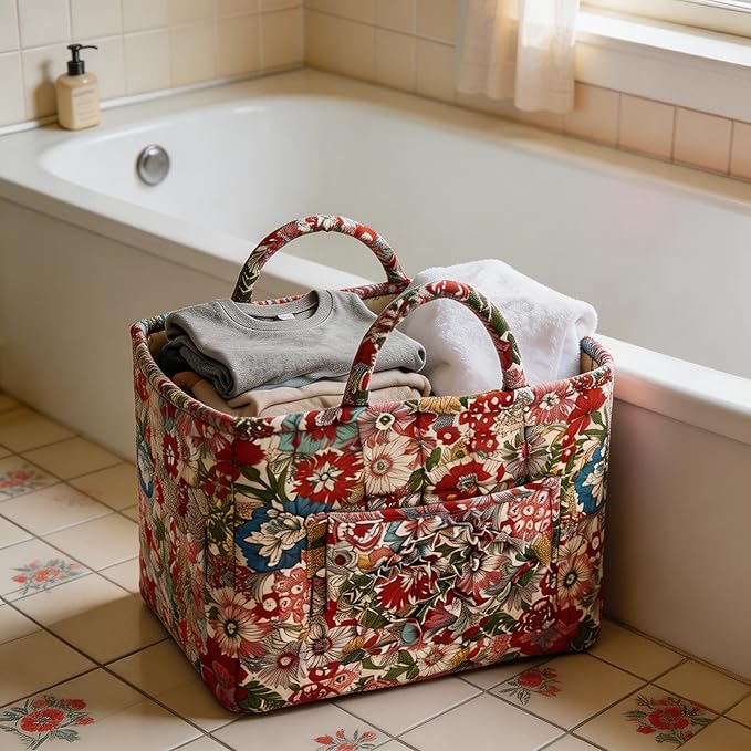 Quilted Laundry Basket with Handles - Multi-Purpose Fabric Storage Basket，Boho Fabric Storage Baskets with Handles for Car, H