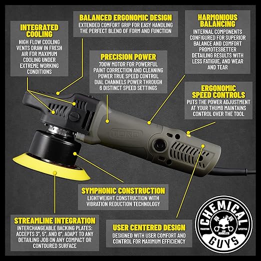 Chemical Guys TORQX Dual Action Random Orbital Polisher for Cars – Professional Car Buffer for Trucks and SUVs – 700W Motor, 8mm Orbit, Lightweight 4.7 lb Design, Paint Correction