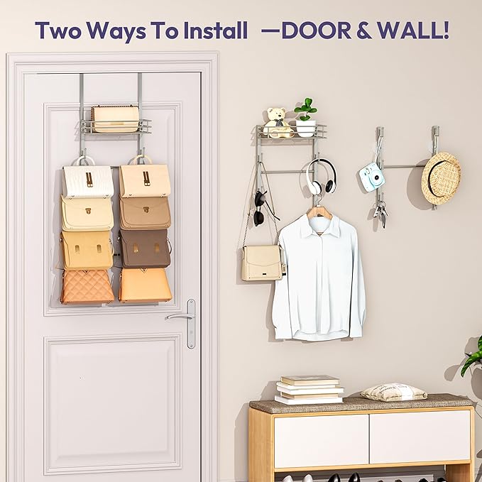 SWTYMIKI Over The Door Purse Organizer - Wall Mounted Handbag Organizer with 10 Hooks and Metal Basket, Hanging Purse Storage