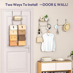 SWTYMIKI Over The Door Purse Organizer - Wall Mounted Handbag Organizer with 10 Hooks and Metal Basket, Hanging Purse Storage