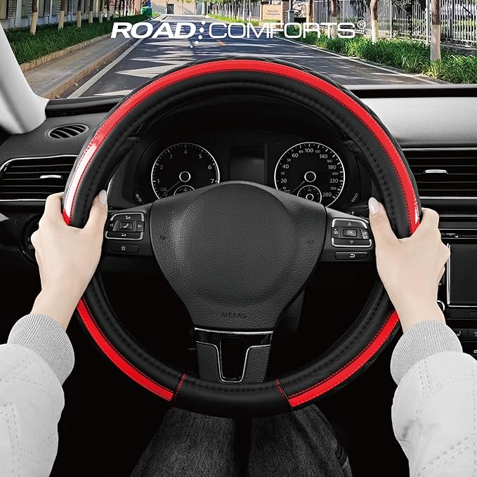Road Comforts Leather Steering Wheel Cover – Black & Red Universal Fit 14.5-15 Inch, Microfiber Leather, Anti-Slip & Breathab