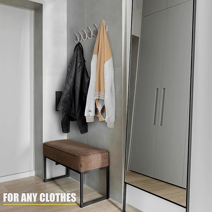 Coat Rack Wall Mount – Brushed Nickel 17 Inch Stainless Steel Hook Rail with 6 Heavy Duty Double Coat Hooks – Wall Mounted Co