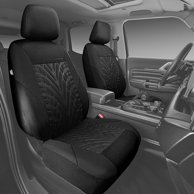 CAR PASS Car Seat Covers Two Front Only for Car, 3D Tyre Print Automotive Interior Covers, Airbag Compatible, Quick Setup Uni