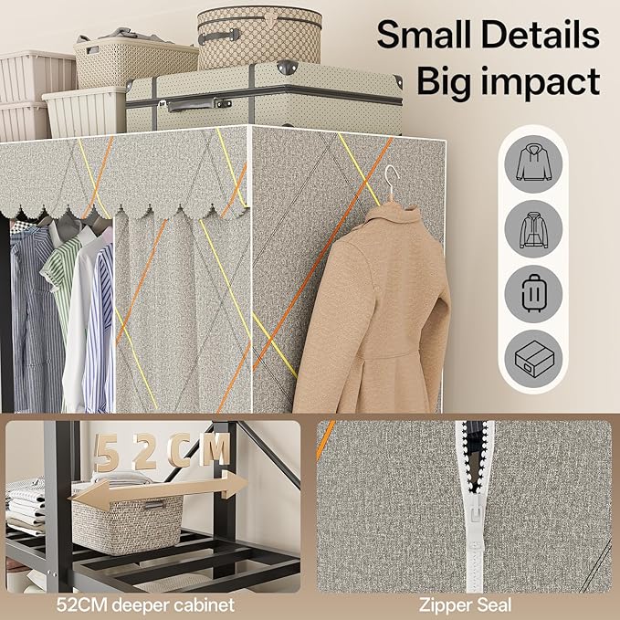 Heavy Duty Clothing Rack with Oxford Fabric Cover, Portable Closet Wardrobe with Hanging Rods, Freestanding Wardrobe, Metal C