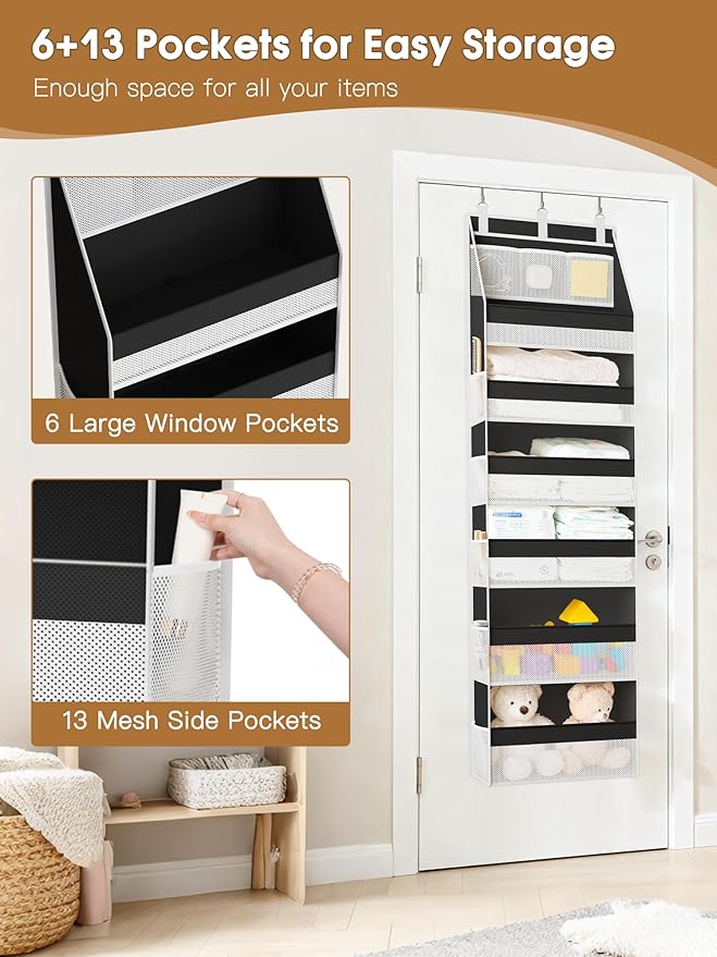 Criusia 2 Pack Over the Door Organizer, Heavy-Duty 6-Shelf Hanging Storage with 13 Mesh Pockets, 55lbs Capacity Behind the Do