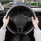 Road Comforts Leather Steering Wheel Cover – Black & Purple, Universal Fit 14.5-15 Inch, Microfiber Leather, Anti-Slip & Brea