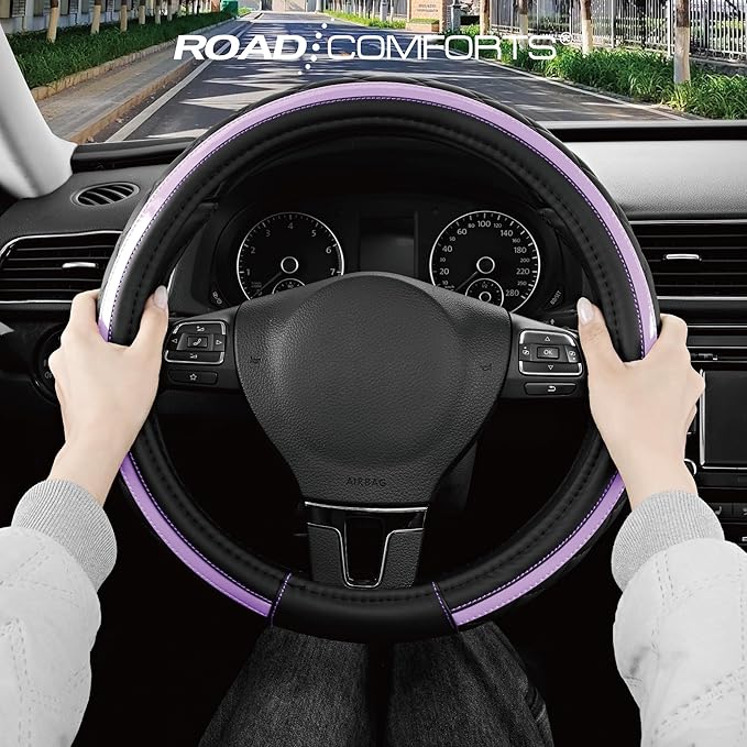 Road Comforts Leather Steering Wheel Cover – Black & Purple, Universal Fit 14.5-15 Inch, Microfiber Leather, Anti-Slip & Brea