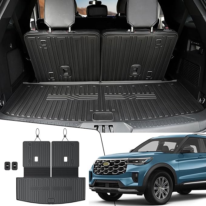 Cargo Mat with Backrest Mat for 2020-2025 2026 Ford Explorer Car Mat Accessories, All Weather TPE Cargo Liner Trunk Mat Active/ST Line/ST/Platinum(Cargo Mat with Backrest Mat)