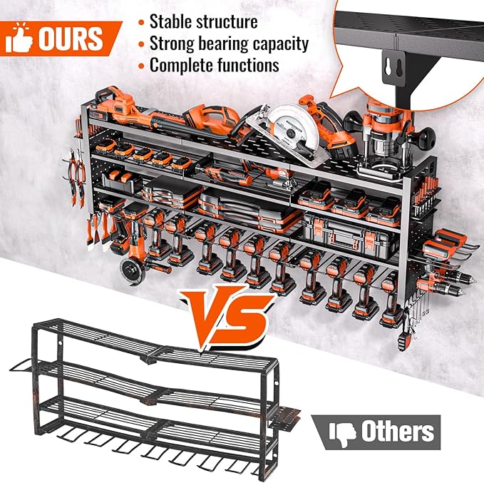 49.8" W Large Power Tool Organizer Wall Mount, Heavy Duty Tool Organizer with 14 cordless Drill Holder, 4 Layers Garage Organ