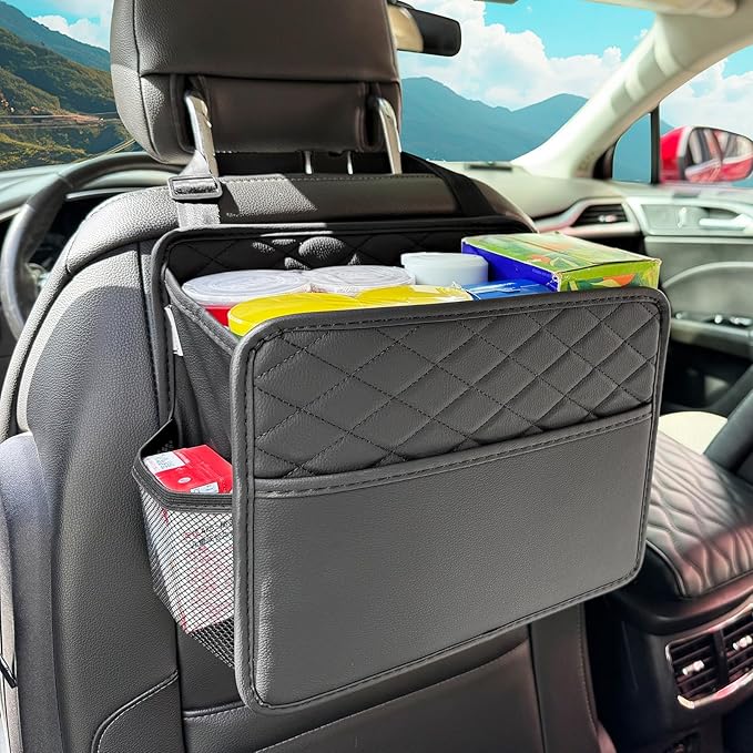 Upgraded Extra Large Car Seat Organizer Backseat with 3 Storage Pockets, Multipurpose Car Organizer Hanging Car Trash Bag Can