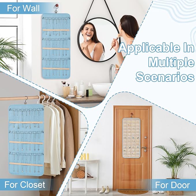 Dynoro Double-Sided Hanging Jewelry Organizer, Large Teal Storage Roll for Earrings, Necklaces, Rings, 48 Pockets 21 Hooks, D