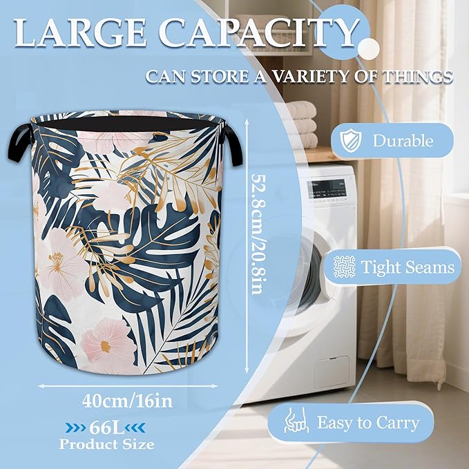 Palm Leaves Flowers Laundry Basket Collapsible Laundry Hamper Clothes Toy Storage Bin for Bathroom Bedroom Room Decor 16" X 2