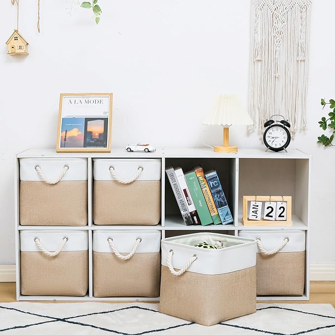 11 x 11 Inch Storage Cubes, 6 Pack Large Collapsible Fabric Storage Bin with Ropes, Foldable Storage Cubes for Home, Office,C