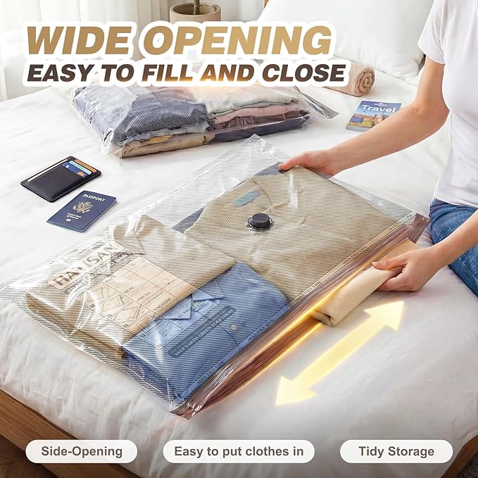 Vacuum Seal Bags for Clothing Travel with Rechargeable Electric Pump, Space Saver Vacuum Storage Bags Travel, Reusable Compre