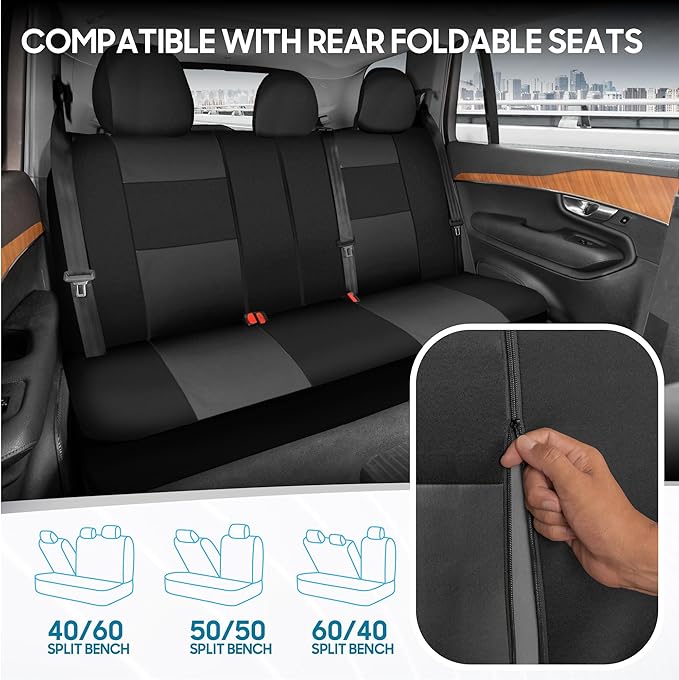 BDK PolyPro Car Seat Covers Full Set in Charcoal on Black – Front and Rear Split Bench for Cars, Easy to Install Cover Set, A