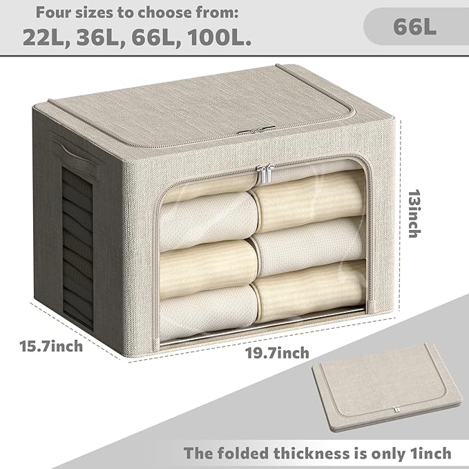 FHSQX 6 Pack Clothes Storage Bins with Metal Frame Foldable Storage Bins for Clothes Linen Fabric Storage Box with Clear Wind