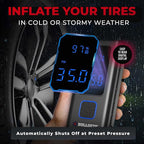 POCKET AIR Tire Inflator Portable Air Compressor by Bullseye Pro for Tires, Balls, Bike with Persta Valve, Auto Shut Off, Inflates in 2 Min, Cordless Rechargeable 4000MAH,100 PSI, SoS Light