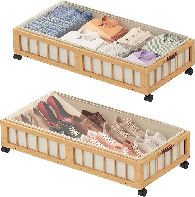 efluky 2-Pack Bamboo Under Bed Storage with Wheels, Rolling UnderBed Storage Basket with Large Dust Bag, Under Bed Storage Co