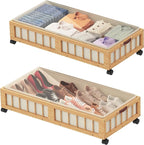 efluky 2-Pack Bamboo Under Bed Storage with Wheels, Rolling UnderBed Storage Basket with Large Dust Bag, Under Bed Storage Co