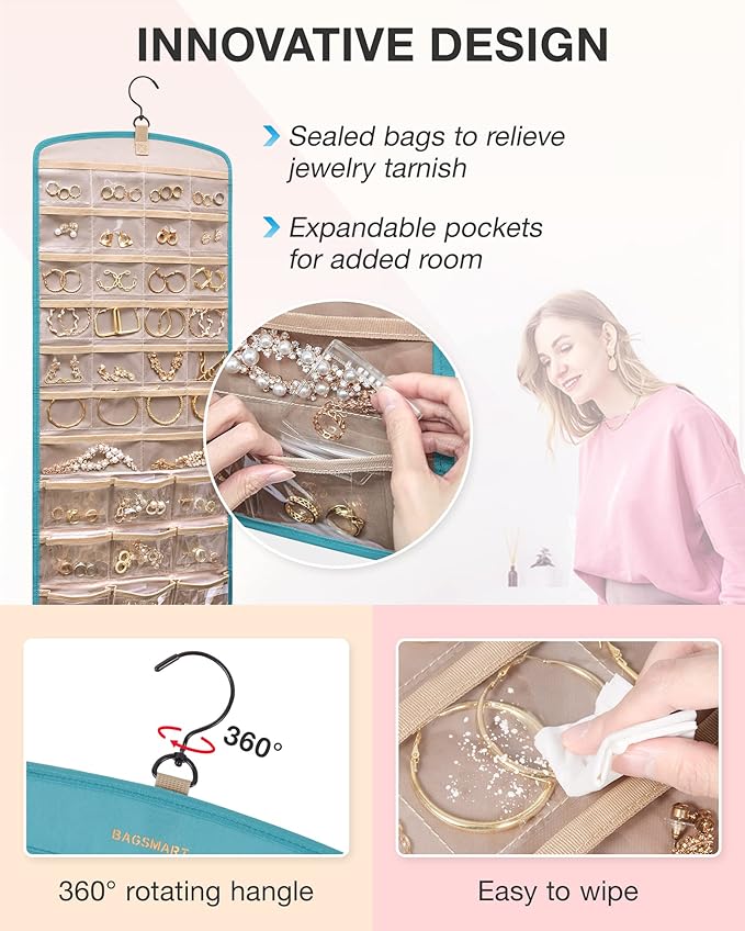 BAGSMART Hanging Jewelry Organizer, Necklace Holder Anti-tangle Earrings Rings Hanger with 20 Jewelry Bags Travel Storage Rol