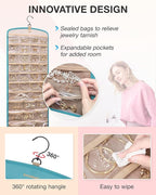 BAGSMART Hanging Jewelry Organizer, Necklace Holder Anti-tangle Earrings Rings Hanger with 20 Jewelry Bags Travel Storage Rol
