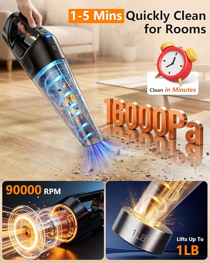 Handheld Vacuum Cordless Rechargeable with Charging Dock - 16000Pa Ultra-Strong Suction, Portable & Lightweight, Fast Chargin