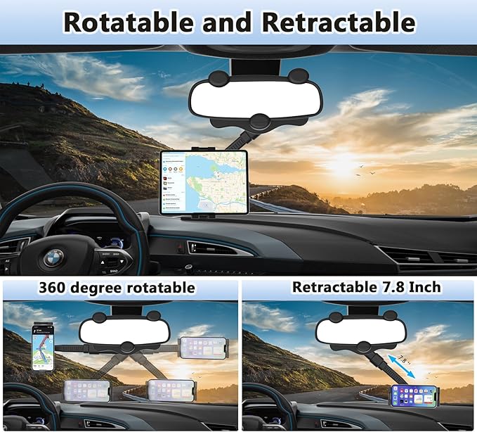 Car Rearview Mirror Tablet Mount, Truck Rear View Mirror Tablet Phone Holder Bracket with Adjustable Arm [Rotatable 360° & Retractable] for iPad Air Mini, Galaxy, Fire, iPhone, 4-11"