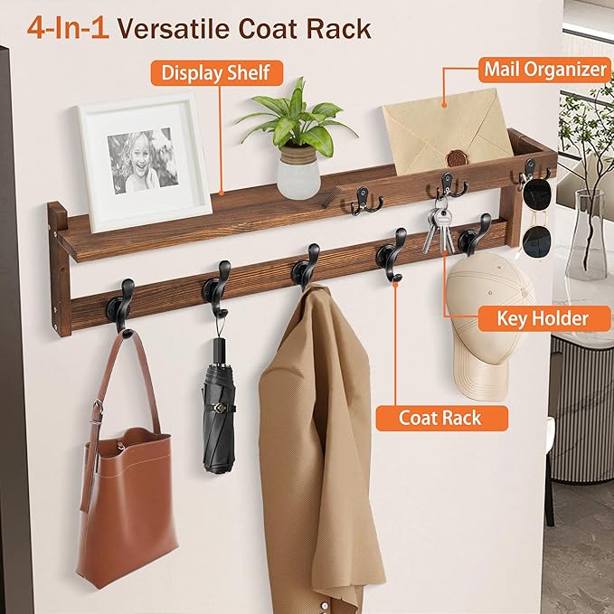 29'' Coat Rack Wall Mount with Shelf, Coat Hanger Wall Mount with Key Hooks and Mail Holder, Wood Entryway Floating Shelf wit