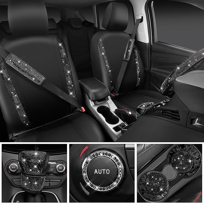 CAR PASS Leather Bling Seat Covers Full Sets 16 pcs, Bling Diamond Car Accessories Set for Women, Sparkly Rhinestone Steering
