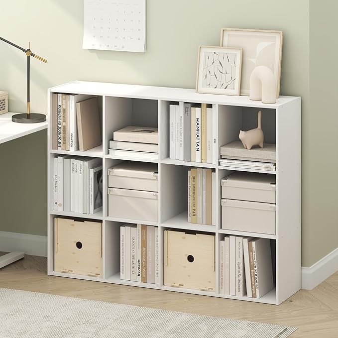 Furinno PELLI Book Shelf, 12-Cube Bookshelf, Cube Storage Organizer Bookcase, 11.7 x 47.6 x 36, for Living Room, Bedroom, Hom