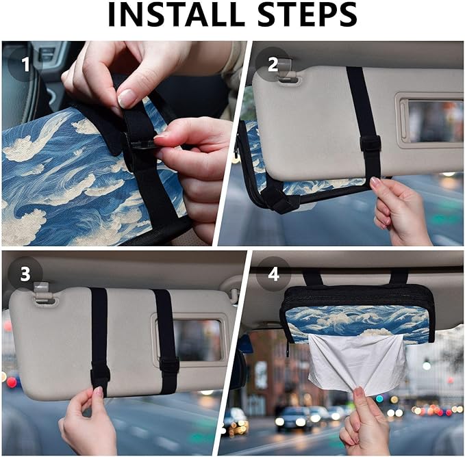 Car Tissue Holder Car Visor Organizer Tissue Box Holder for Car Sun Visor Organizer with Car Vehicle Accessories Essentials Interior for Women Men Blue Waves WhiteFoam Textures
