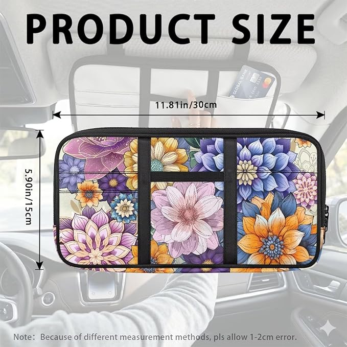 Boho Flower Car Visor Organizer for Women Auto Interior Accessories Car Storage with Card Holders Multi-Pocket Visor Organizer Storage for Car/SUV/Truck with Pockets Easy to Clean