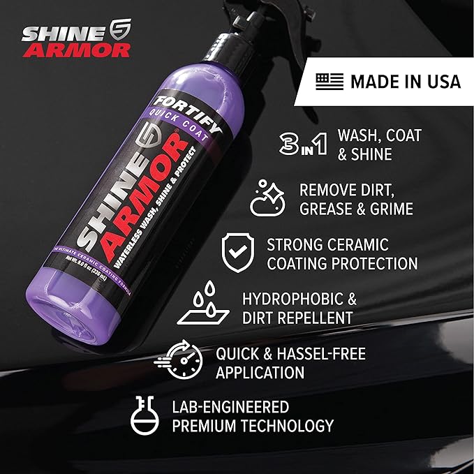 Car Wax Spray and Ceramic Coating for Cars - 3 in 1 Waterless Car Wash and Detailing - Quick Effect Coating Agent for Car - High Gloss Car Coating Spray, Shiny Car Stuff by Shine Armor - 8FlOz