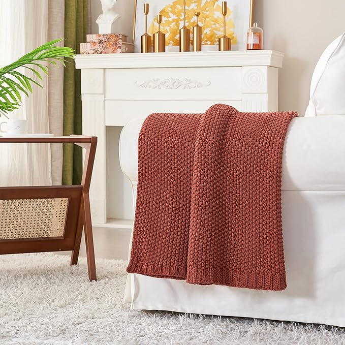 Longhui bedding Chunky Cable Knit Throw Blanket Lightweight Rust 100% Organic Cotton Blanket for Sofa Couch Bed Baby Nursery,