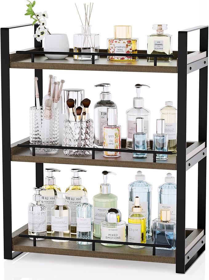 Bathroom Counter Organizer, 3 Tier Wood Countertop Shelf for Vanity, Skincare, Makeup, Kitchen Coffee and Sink Storage, with 