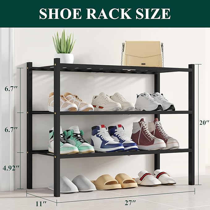 Smiry Shoe Rack, 3 Tier Bamboo Shoe Organizer, Stackable Free Standing Wooden Shoe Storage Shelf for Closet, Entryway, Front 