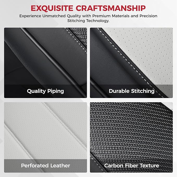 FREESOO Black White Front Car Seat Covers - Faux Nappa Leather Seat Covers for Cars, with Carbon Fiber Texture Seatbelt Pads,