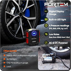 FORTEM Tire Inflator Portable Air Compressor, Air Pump for Car Tires and Bikes, Car Tire Pump w/Auto Shut Off, 150 PSI, 110V AC 12V DC, LED Light, Carrying Case, for Men, Women