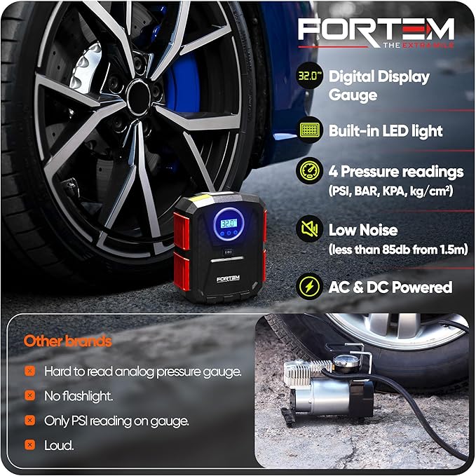 FORTEM Tire Inflator Portable Air Compressor, Air Pump for Car Tires and Bikes, Car Tire Pump w/Auto Shut Off, 150 PSI, 110V AC 12V DC, LED Light, Carrying Case, for Men, Women