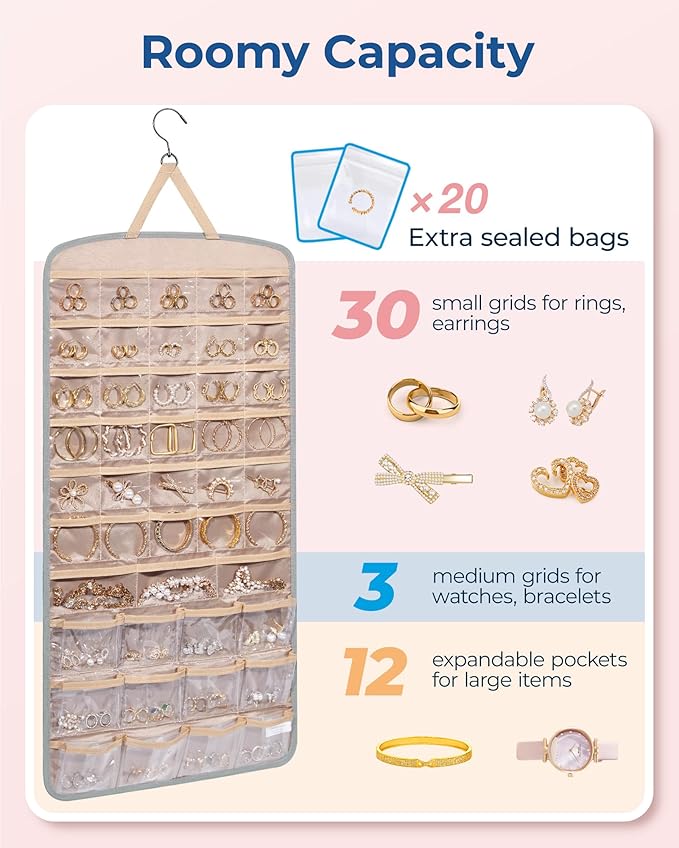 BAGSMART Hanging Jewelry Organizer, Necklace Holder Anti-tangle Earrings Rings Hanger with Pockets Hang on Closet, Wall, Door