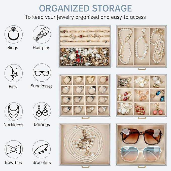 AKOZLIN 6-Tier Jewelry Box Organizer Functional 5 Drawers Leather Jewelry Storage Case for Women Girls Ring Necklace Earring 