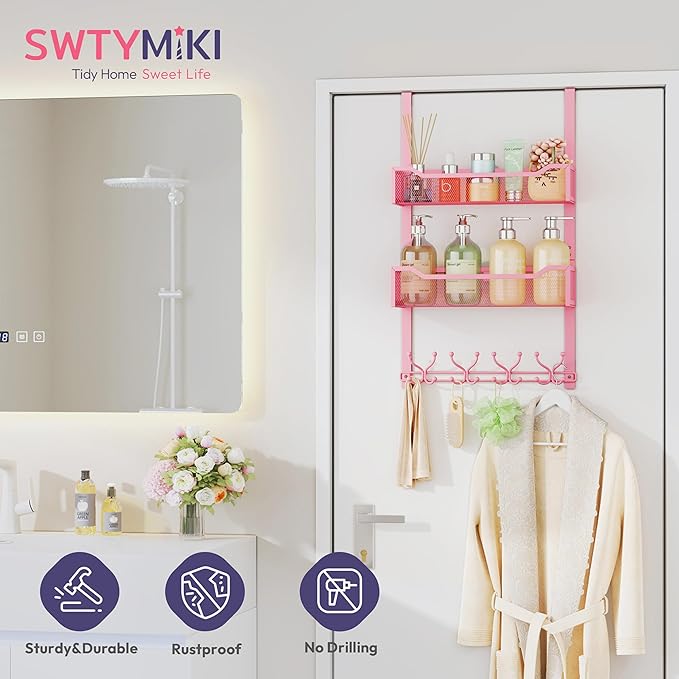 SWTYMIKI Over The Door Hooks Organizer - Multi-Functional Door Hanger with 16 Hooks & 2 Mesh Baskets, Long Coat Rack for Bath